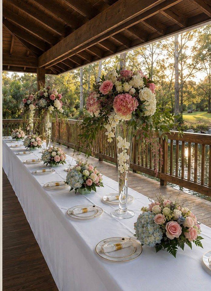 Event tablescape with tall pastel centerpieces by Olympus Flowers